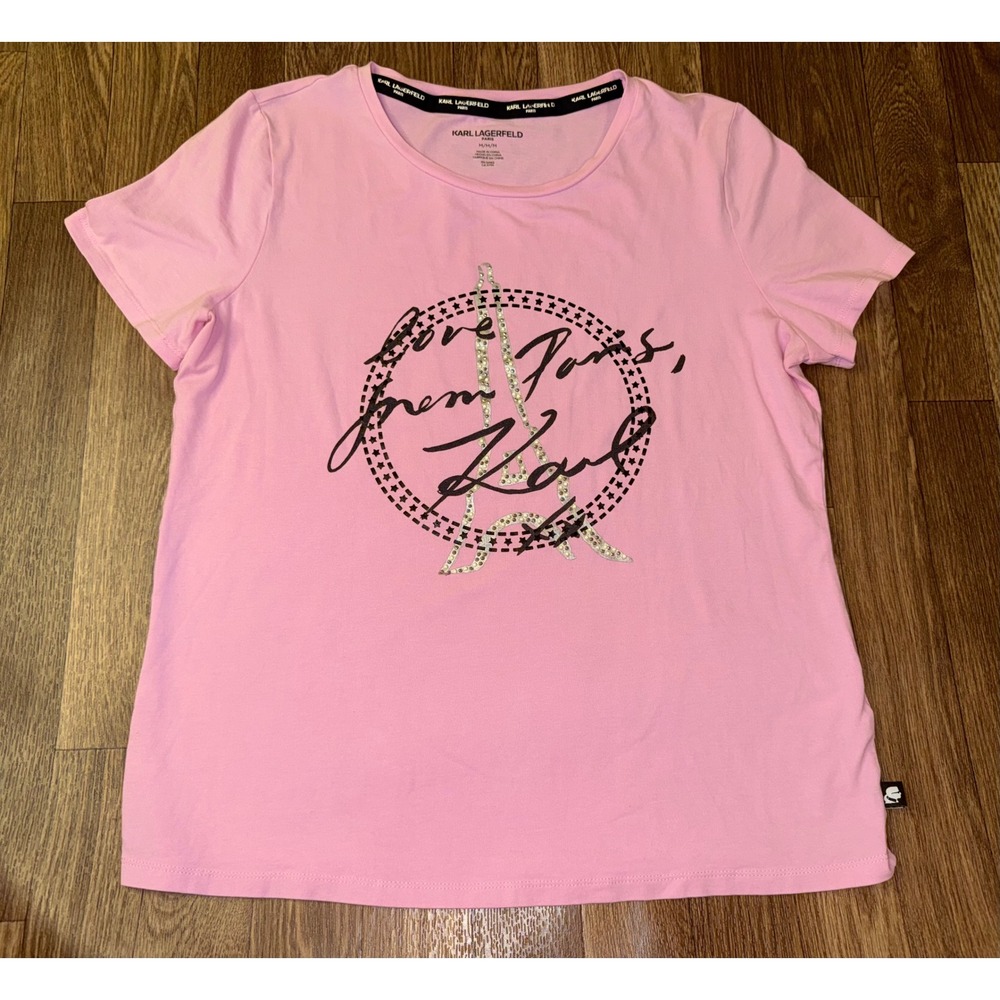 Karl Lagerfeld Paris Pink Eiffel Tower Rhinestone Graphic Tee Shirt Medium M